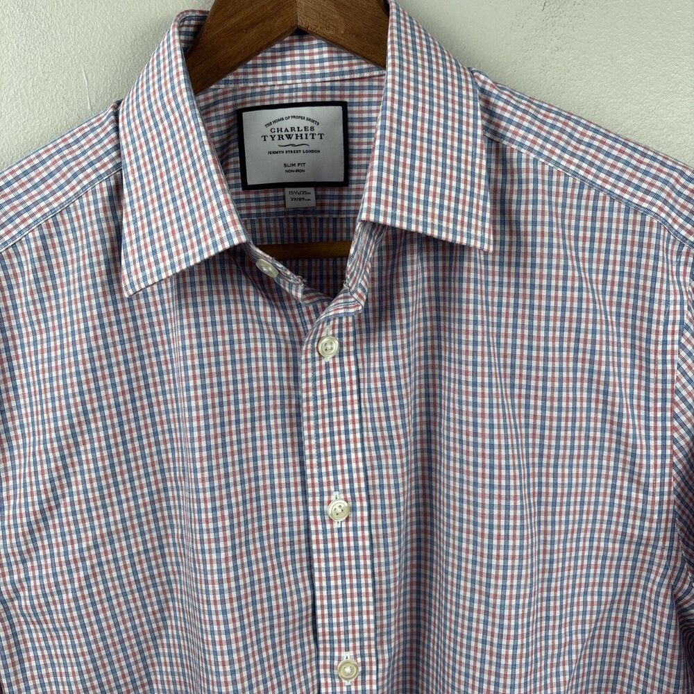 Charles Tyrwhitt Shirt Men 15.5-39” Slim Fit Blue Red Check Non-iron Long Sleeve